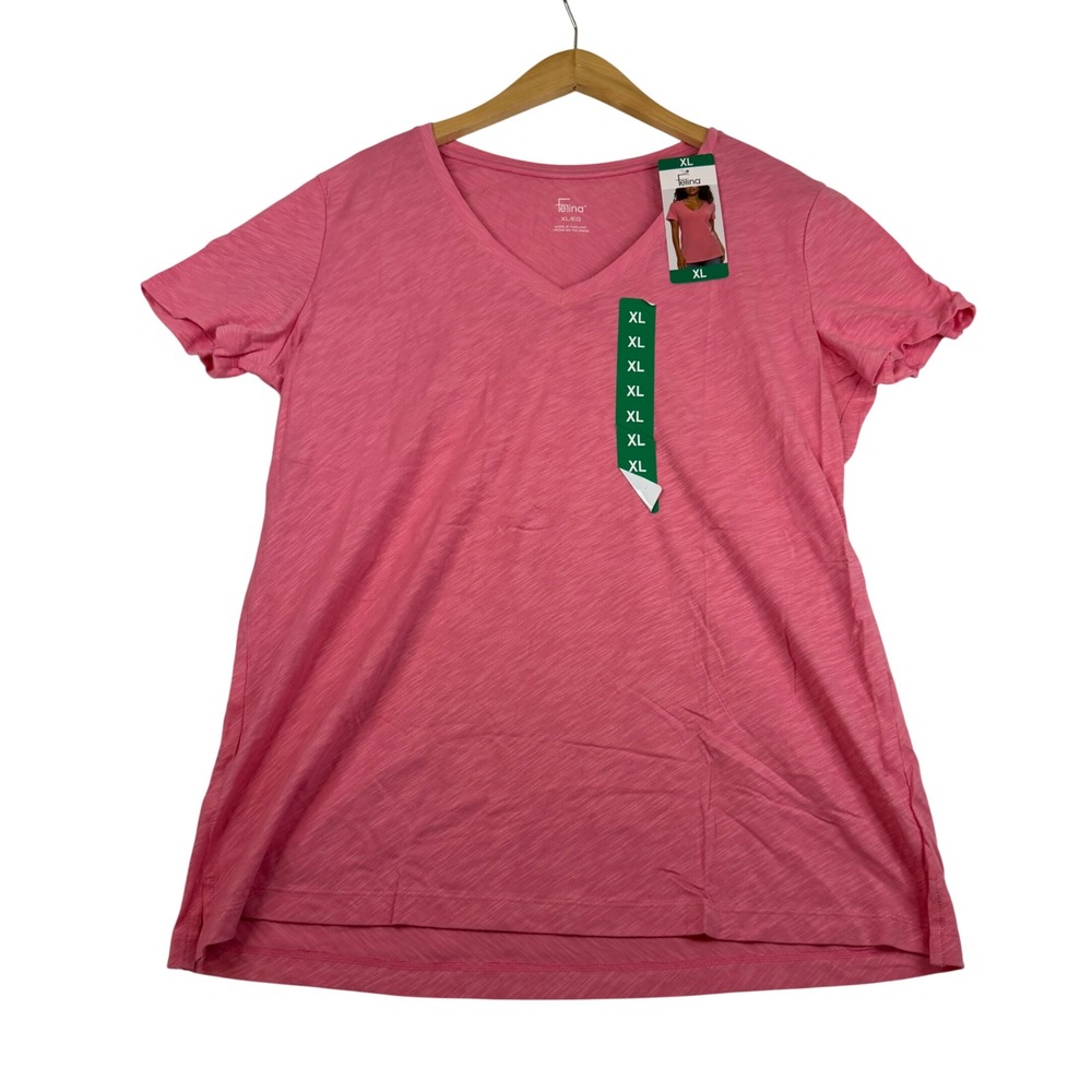 Felina Womens V-Neck Short Sleeve Slub Knit Tee Pink C5024RB XL NEW